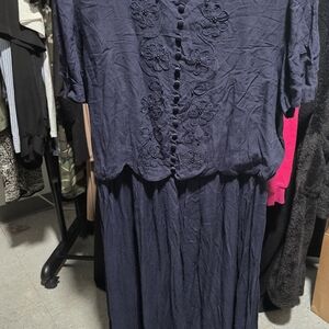 Embroidered Navy Button-Front Midi Dress - Women